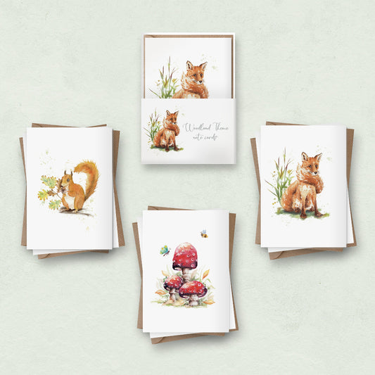 set of 6 cute woodland theme notelets in a presentation gift pack, with cute red fox, squirrel and a fairy toadstool on the cards