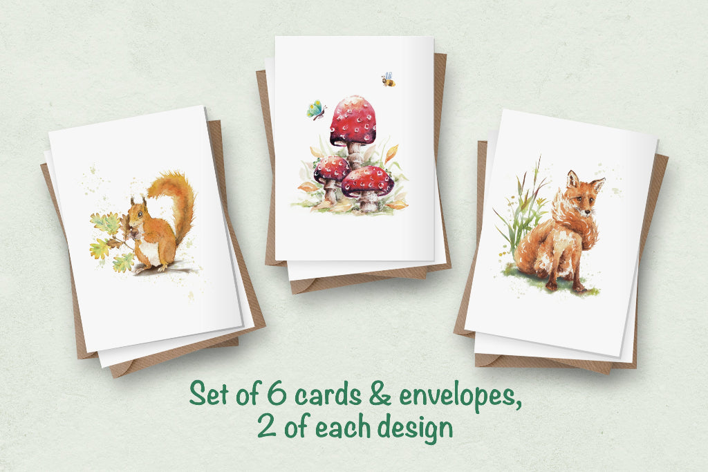 3 different nature themed cards with red squirrel, red mushroom and cute red fox on the front