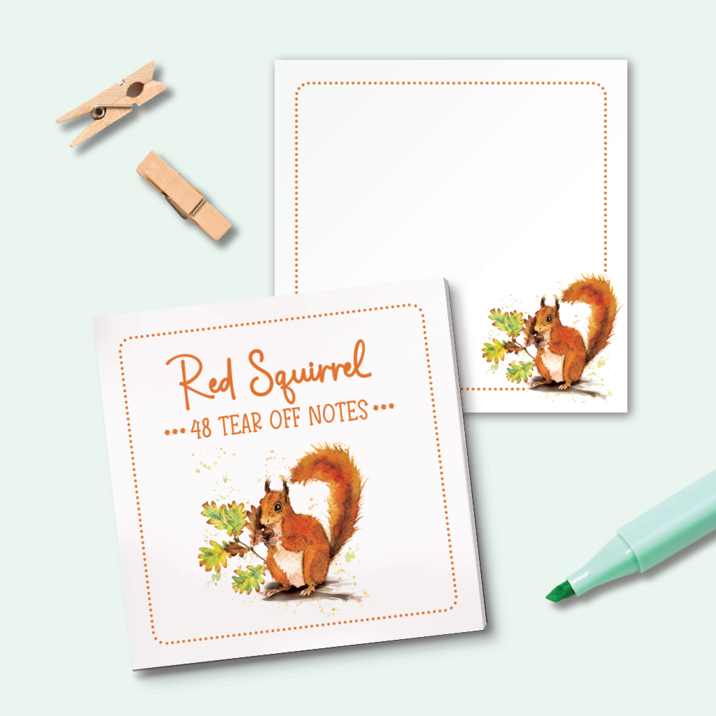 A set of white tear-off notes with a cute red squirrel illustration