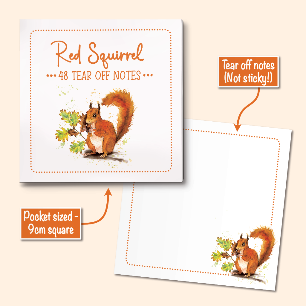 A set of pocket-sized tear off notes with a whimsical red squirrel illustration. The notes are shown with the printed design visible and space to write