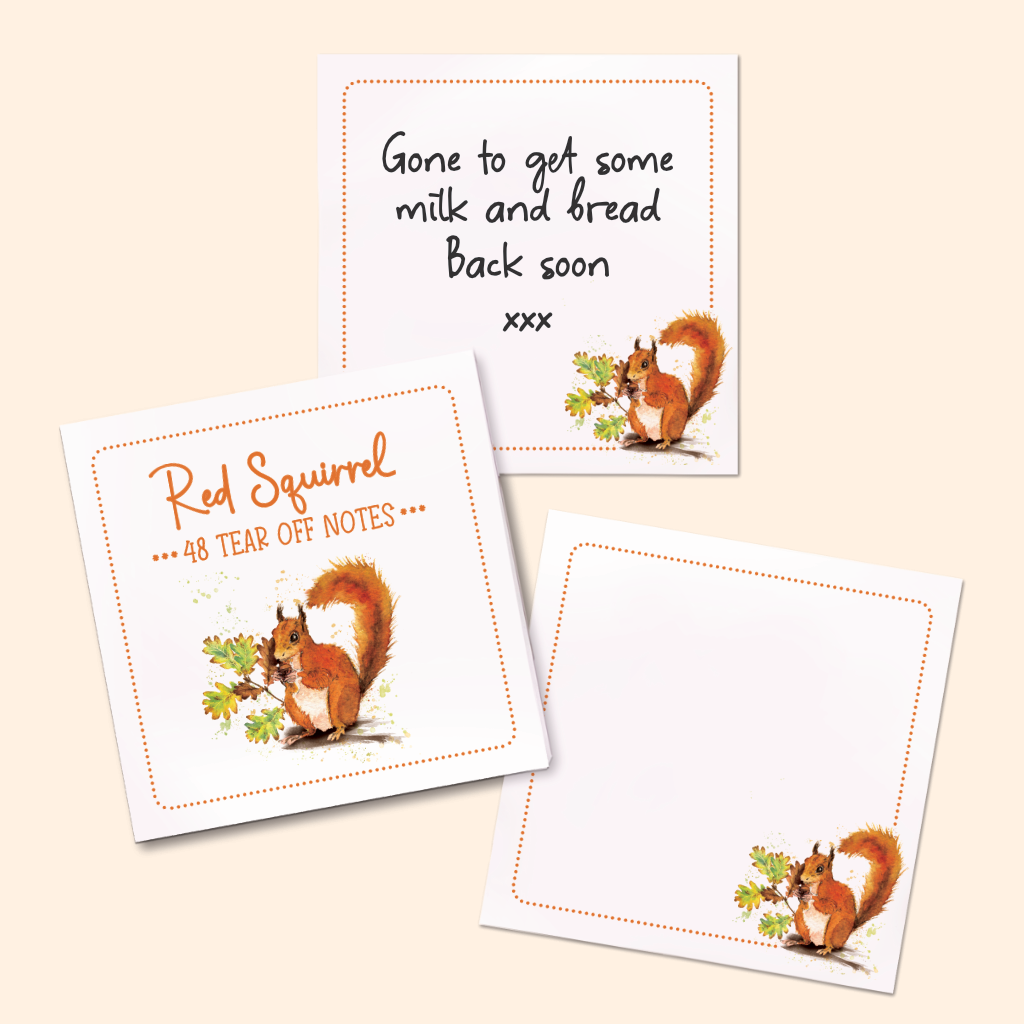 2 white note pages and the whole note pad which has 48 tear off notes, with  a design of orange dotted borders and a watercolor red squirrel illustration, on a light beige background. One page shows the text 'Gone to get some milk and bread, Back soon xxxx' 