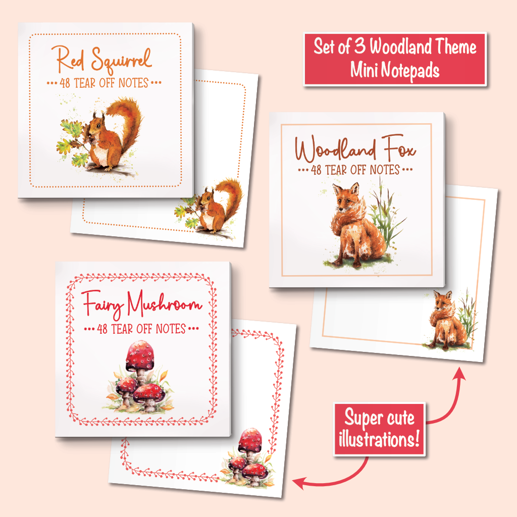 Three woodland-themed mini notepads shown on a pale pink background, with text labels reading 'Set of 3 Woodland Theme Mini Notepads' and 'Super cute illustrations!'. The notepads feature illustrated squirrels, a fairy mushroom, and decorative red/orange borders.