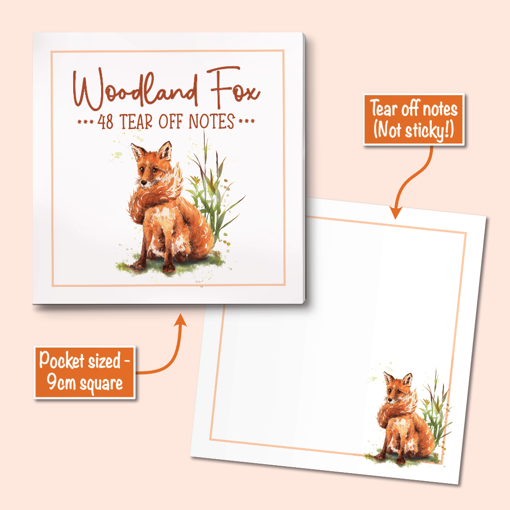 A set of pocket-sized tear off notes featuring a watercolor illustration of a woodland fox. The notes are shown both folded with printed text and text labels indicating they are pocket sized (9cm square) and tear off notes that are not sticky.
