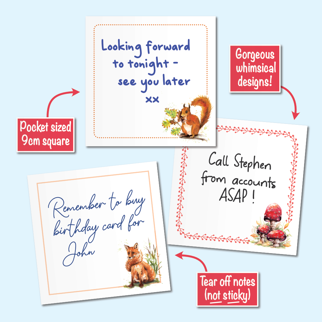 Three pocket-sized memo notes arranged on a light blue background with callout arrows and text. The cards feature whimsical illustrations of squirrels, foxes, and mushrooms, with sample text showing reminders, little notes and shopping lists