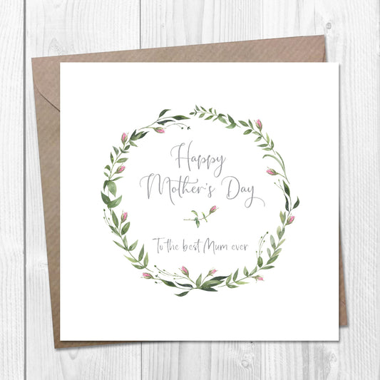 Mother’s Day card for Mum with floral wreath design and brown kraft envelope