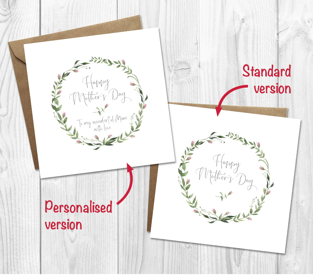 Two Mother's Day cards on a wooden surface, one standard and one personalized.