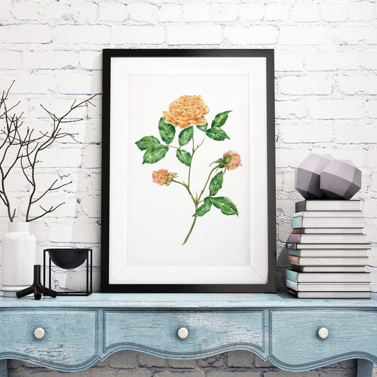 Room setting for large yellow rose botanical art print on blue cupboard