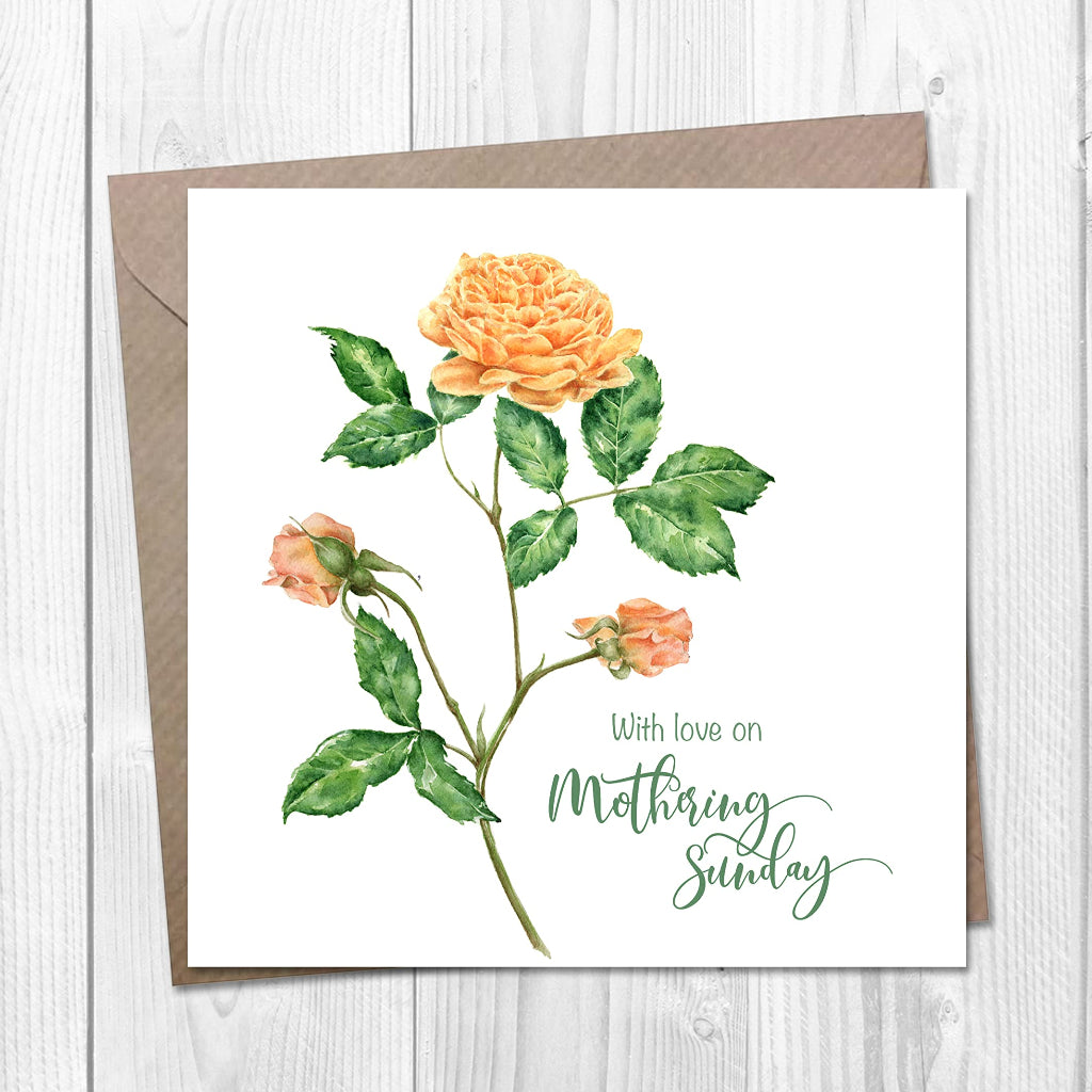Mothering Sunday card with a botanical illustration of a golden yellow English rose on the front
