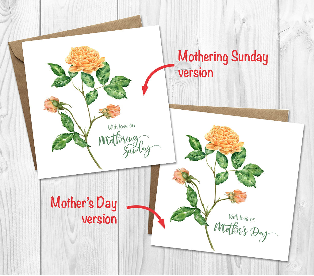 2 yellow rose greeting cards, one with Mothering Sunday and the other with Mother's Day on the front